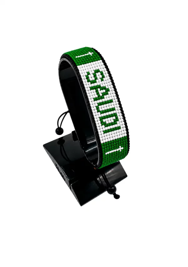 Saudi Arabia Flag Bracelet With Name Adjustable handcrafted with beadwork in the colors of the Saudi Arabia flag featuring the name SAUDI.