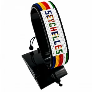 Seychelles Flag Bracelet With Name Adjustable handcrafted with beadwork in the colors of the Seychelles flag featuring the name SEYCHELLES.
