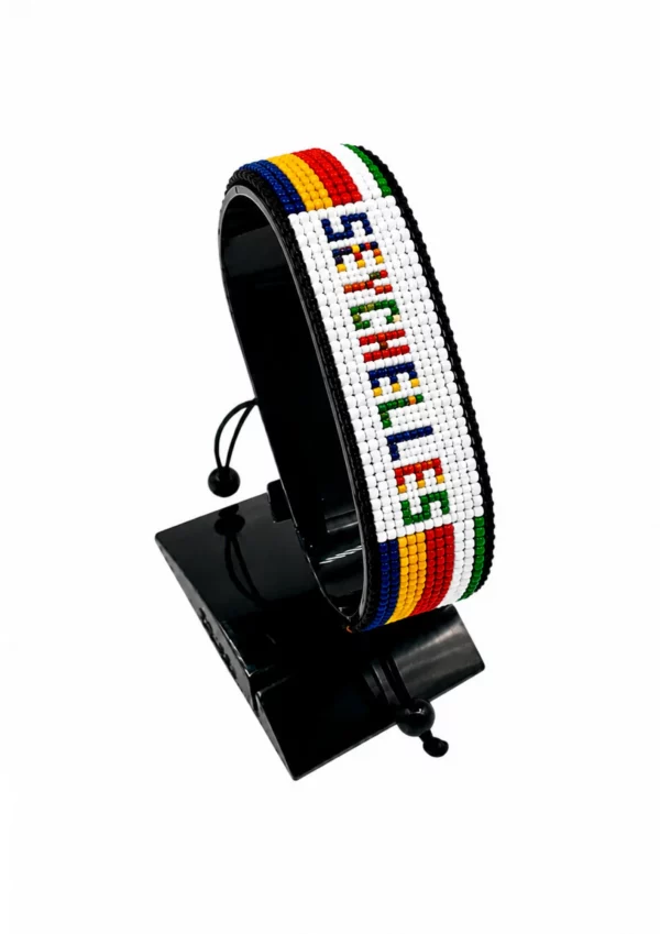 Seychelles Flag Bracelet With Name Adjustable handcrafted with beadwork in the colors of the Seychelles flag featuring the name SEYCHELLES.