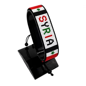 Syria Flag Bracelet With Name Adjustable handcrafted with beadwork in the colors of the Syria flag and the name "Syria".