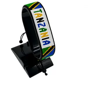 Tanzania Flag Bracelet With Name Adjustable handcrafted with beadwork in the colors of the Tanzania flag and the name "Tanzania".