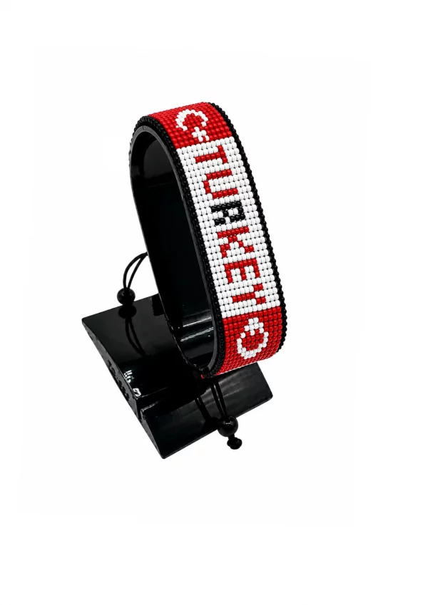 Turkey Flag Bracelet With Name Adjustable handcrafted with beadwork in the colors of the Turkey flag and the name "Turkey"