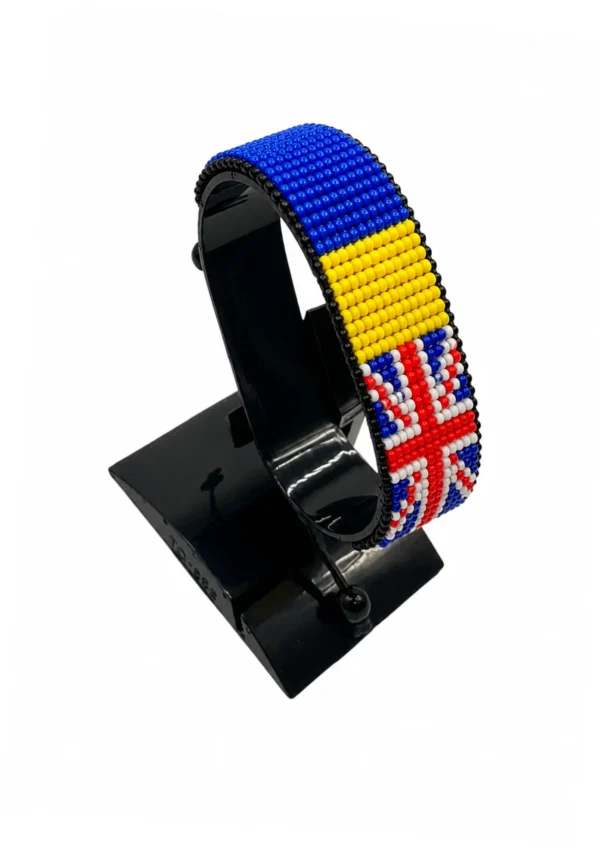 Ukraine UK Combo Flag Bracelet Adjustable handcrafted with beadwork in the colors of the Ukraine and United Kingdom flags.