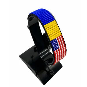 Ukraine USA Combo Flag Bracelet Adjustable handcrafted with beadwork in the colors of the Ukraine and United States flags.