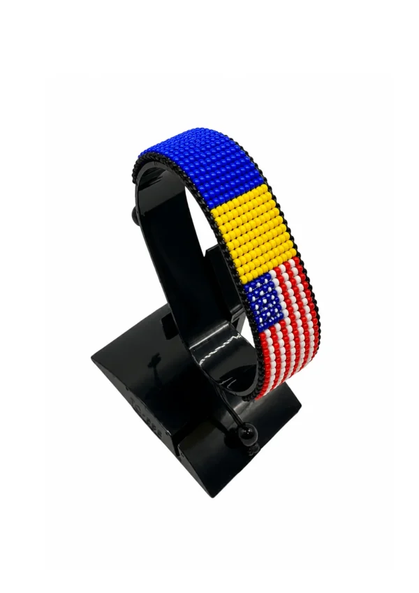 Ukraine USA Combo Flag Bracelet Adjustable handcrafted with beadwork in the colors of the Ukraine and United States flags.