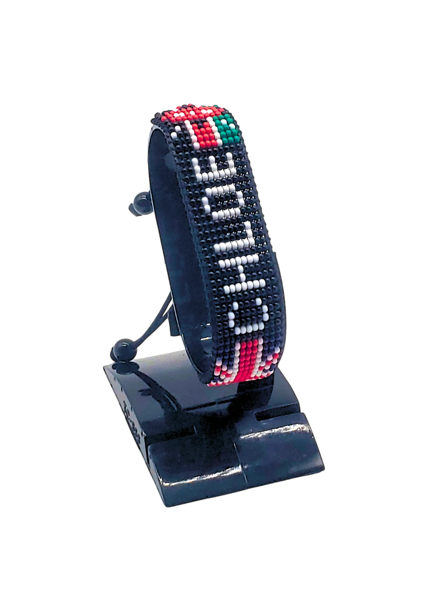 UK Kenya Combo Flag Bracelet with Name Chloe Adjustable handcrafted with beadwork in the colors of the UK and Kenya flags.