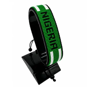 Nigeria Flag Bracelet With Name Green Version with Black Name Adjustable handcrafted with beadwork in the colors of the Nigeria flag and the name "Nigeria".