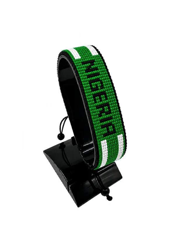 Nigeria Flag Bracelet With Name Green Version with Black Name Adjustable handcrafted with beadwork in the colors of the Nigeria flag and the name "Nigeria".