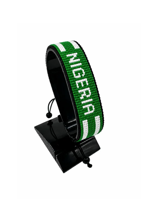 Nigeria Flag Bracelet With Name Green Version Adjustable handcrafted with beadwork in the colors of the Nigeria flag and the name "Nigeria".