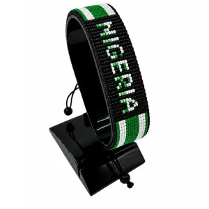 Nigeria Flag Bracelet With Name Black Version Mixed Color Name Adjustable handcrafted with beadwork in the colors of the Nigeria flag and the name "Nigeria".