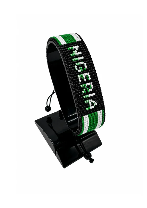 Nigeria Flag Bracelet With Name Black Version Mixed Color Name Adjustable handcrafted with beadwork in the colors of the Nigeria flag and the name "Nigeria".